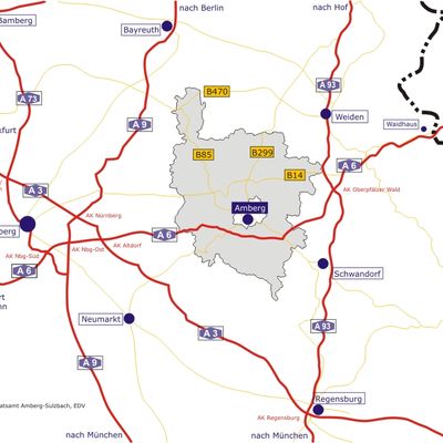 Kartenausschnitt - Verkehrsanbindung des Landkreis Amberg-Sulzbach